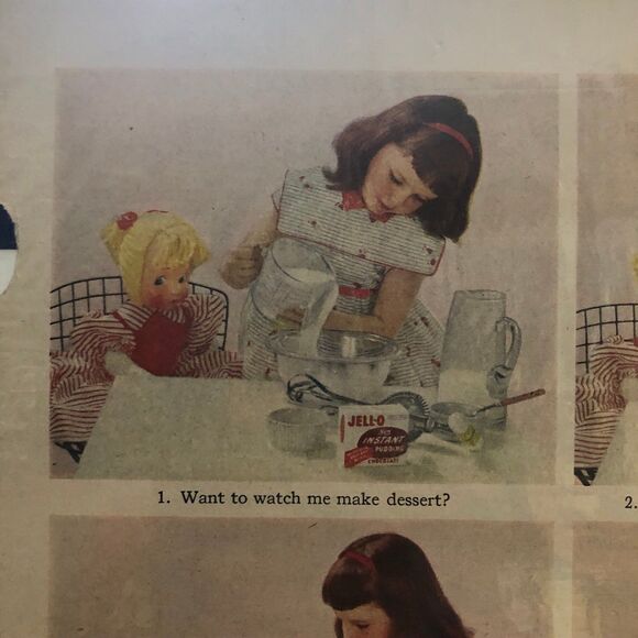 Vintage 1950s Instant Jello Pudding Ad on Side 1 & Cadillac Ad on side 2; Girl - Picture 2 of 10